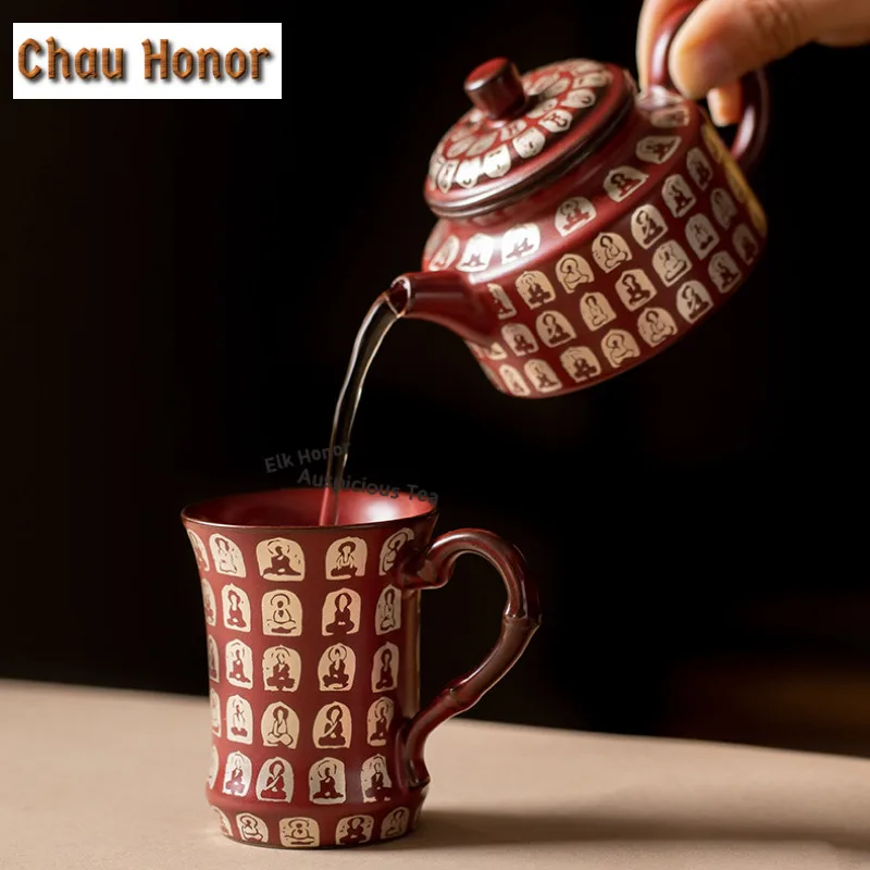 1pc 75ml Cinnabar Red Buddha Handle Teacup Luxury Tea Bowl Cute Cup Tea-tasting Smelling Cup Chazhan Master Cups Drinkware Gifts