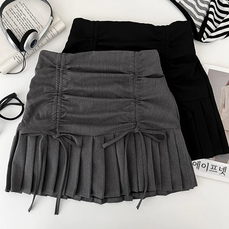 디자인 감각 틈새 하이 웨이스트 슬리밍 프릴 에지 드로우 스트링 미니 스커트 여성용 노출 방지 A 라인 스커트 