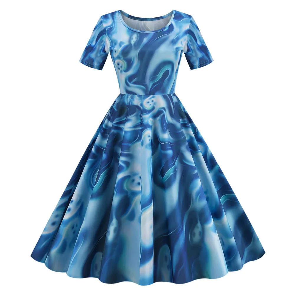 Halloween Dresses Skeleton Pumpkin Printed Cosplay Party Costume Women Vintage Polka Audrey Dress