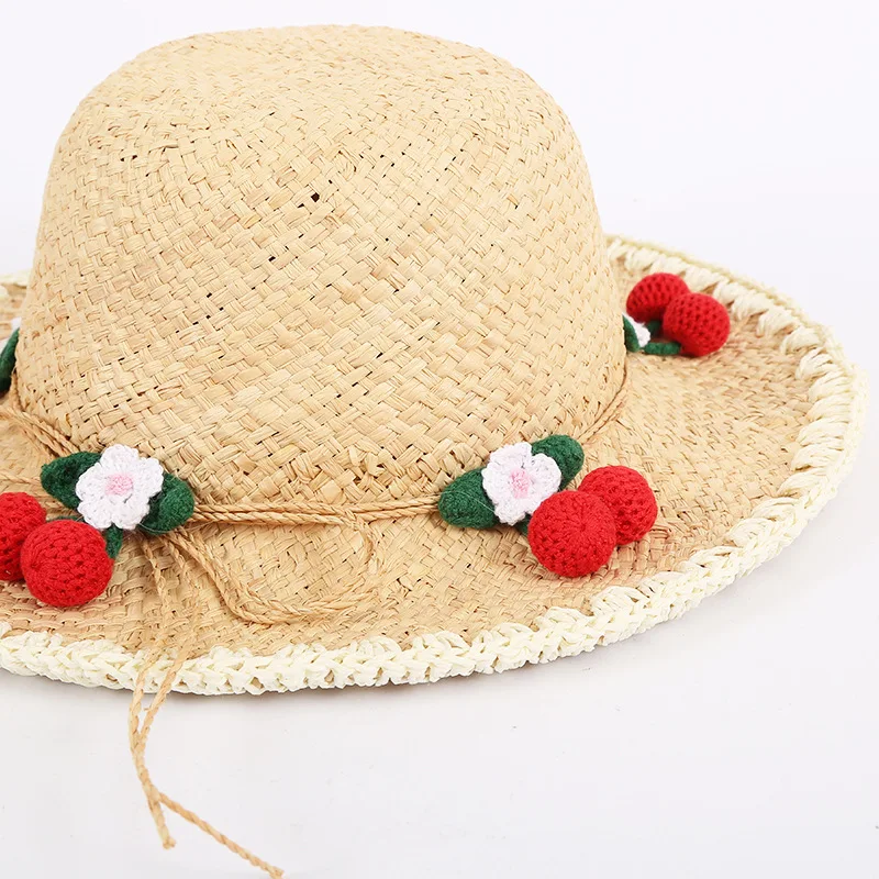 Hand Woven Childrens Straw Hat Parent-child Big-brimmed Sunscreen Hat Three-dimensional Strawberry Decorated Raffia 
