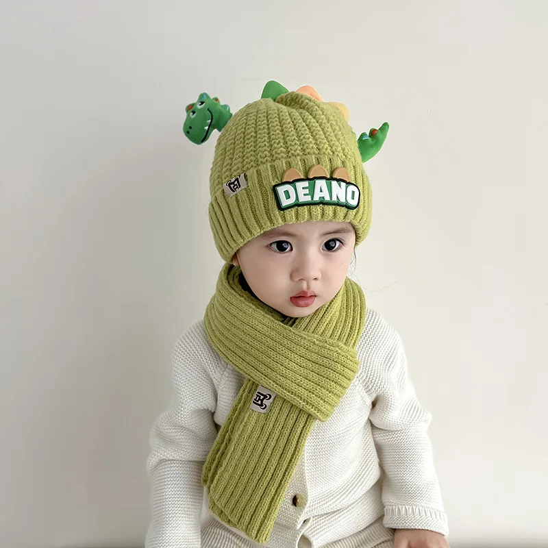 Doitbest Cartoon Warm Hats For Children Kids Beanie Sets Acrylic 3D Dinosaur 2 Pcs Boys Girls Winter Knit Hat Scarf Set Child