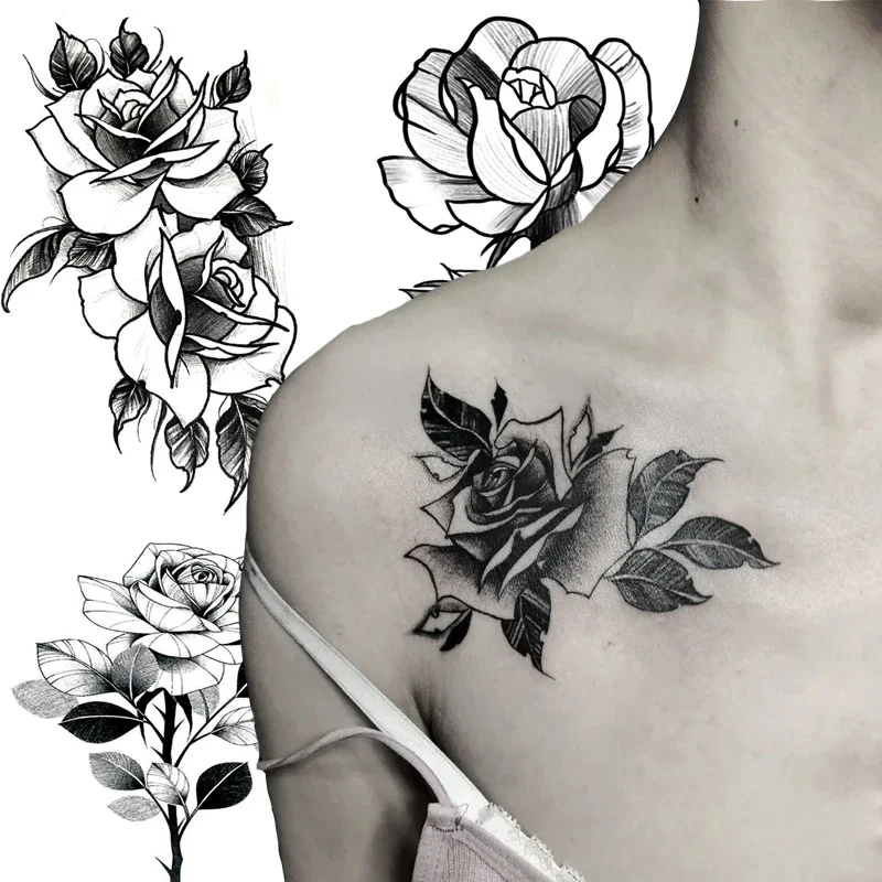 Waterproof Temporary Tattoo Sticker Black Flower Body Legs Arm Art Realistic Fake Tattoo Festival Party Bikini Women Girl Makeup
