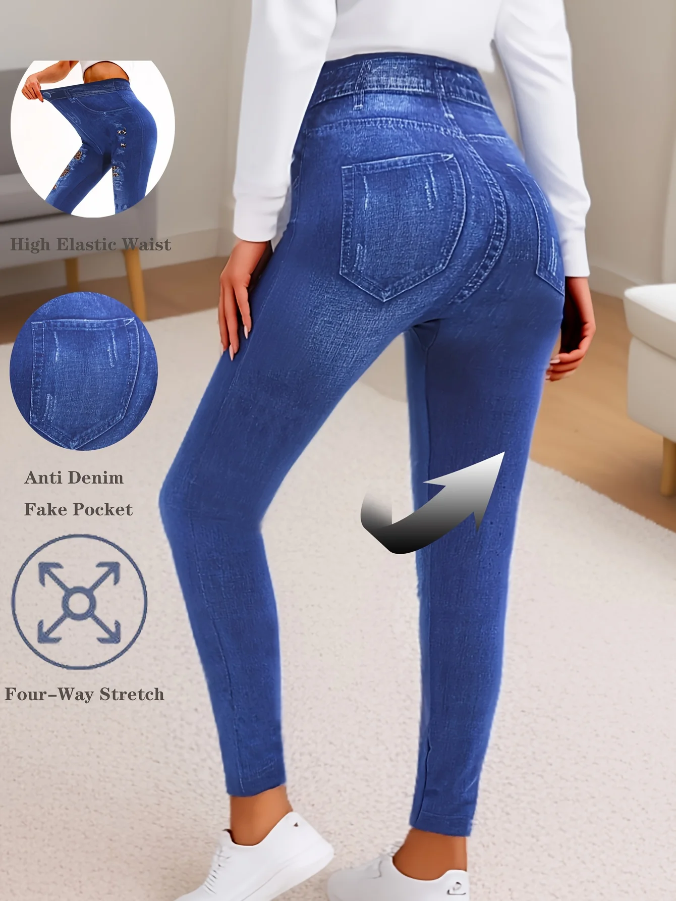 Women's Fitness Sports Seamless Imitation Denim Tight Leggings With Leopard Print High Waisted Elastic Cropped Pants