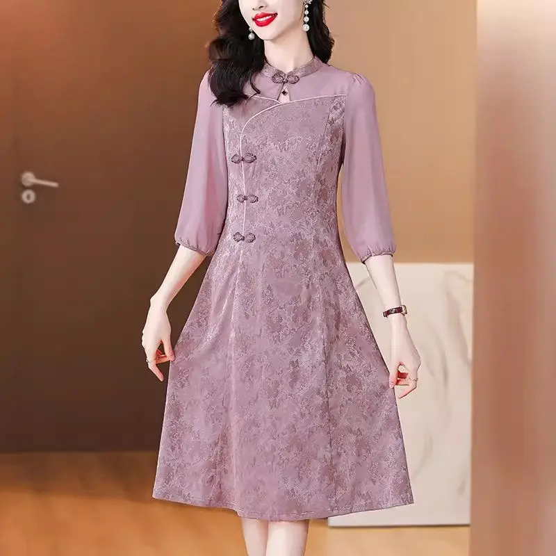 

Mom's Summer Dress For Women 2024 Chinese Style High End Elegance Retro Jacquard Improved Qipao Dress Short Sleeve Clothes K727
