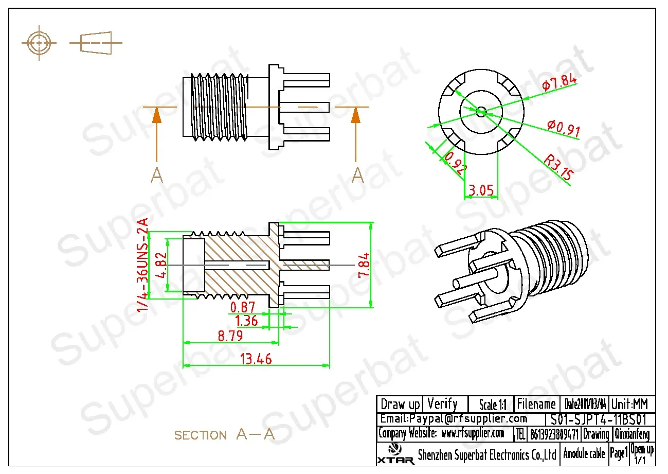 Female SMA RF Coaxial Connector for PCB Mount