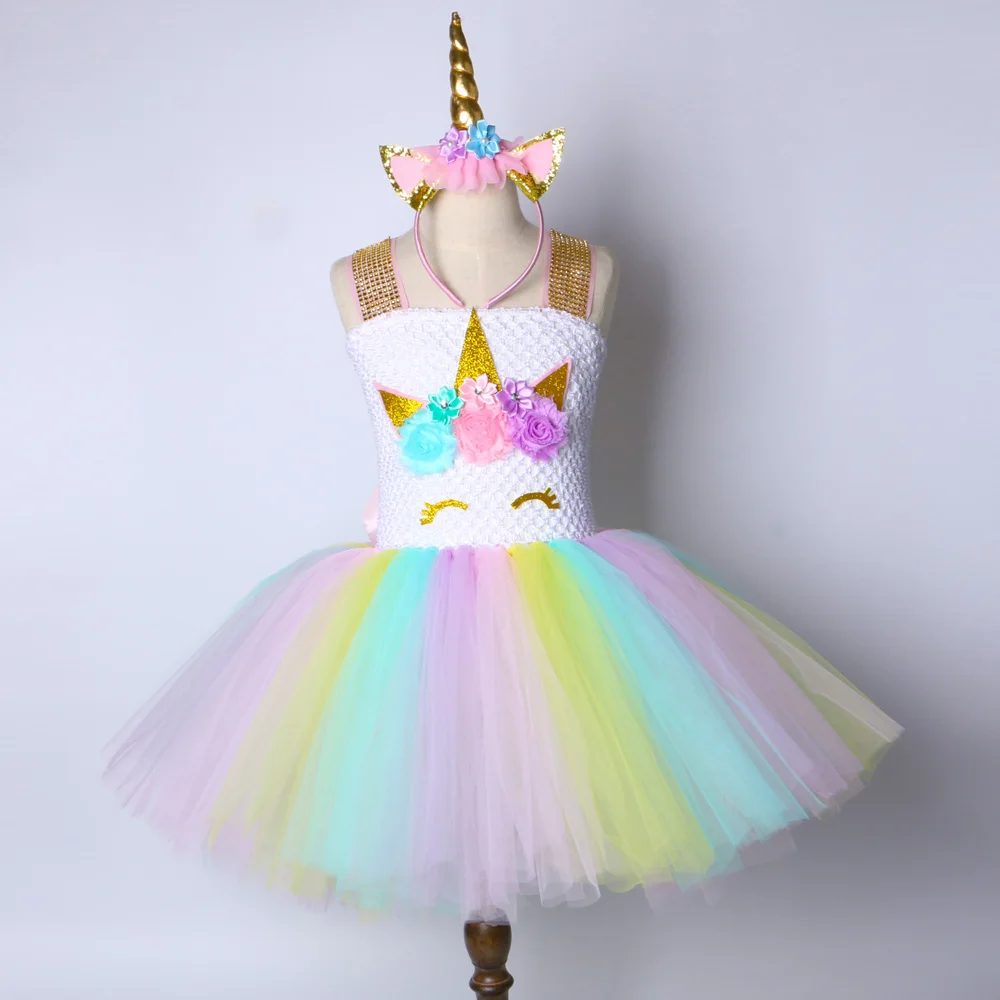 Girls Unicorn Dress Pastel Rainbow Kids Birthday Party Tutu Princess Dress Baby Girls Christmas Halloween Pony Cosplay Costume
