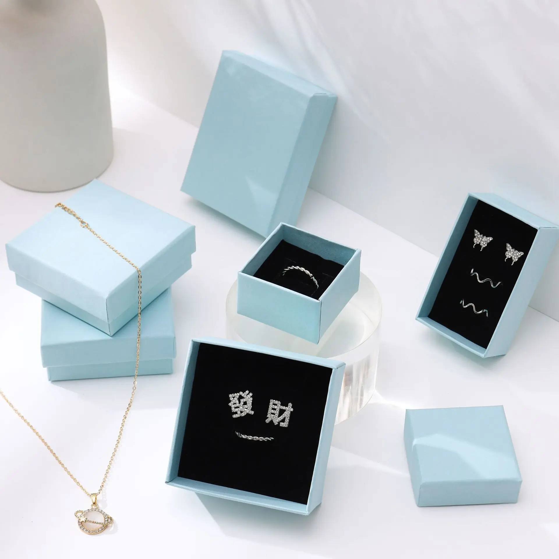 10Pieces Paper Gift Box Jewelry Packaging Carton Rectangular Sponge Lined Sky Blue Color Carton for Necklace Earrings Bracelet