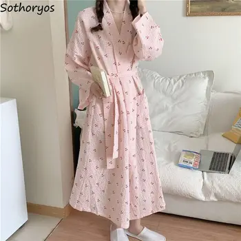 여성용 체리 프린트 로브, 귀여운 여학생 긴팔 잠옷, 일본 스타일 레이스업 목욕 가운, 스위트 대학 기숙사