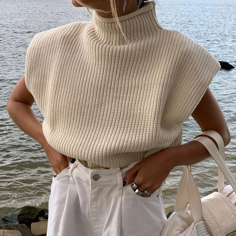 

Dourbesty Chic Fashion Women Vest Sweater With Shoulder Pads Elagant Turtleneck Sleeveless Knitted Pullover Autumn Winter Tops