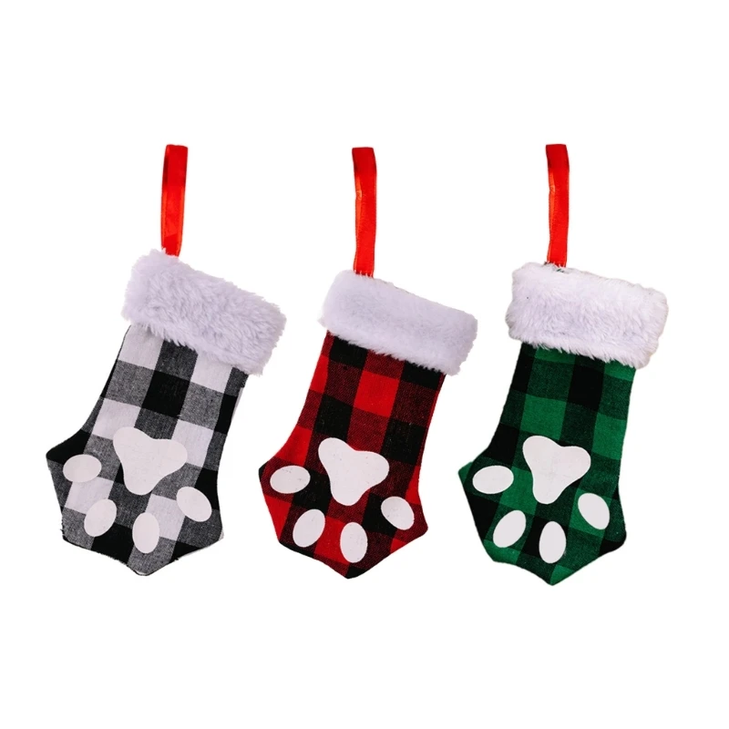 

Christmas for Cat Paw Plaid Stocking Christmas Tree Hanging Pendant Ornament Supplies for New Year Party Decoratio