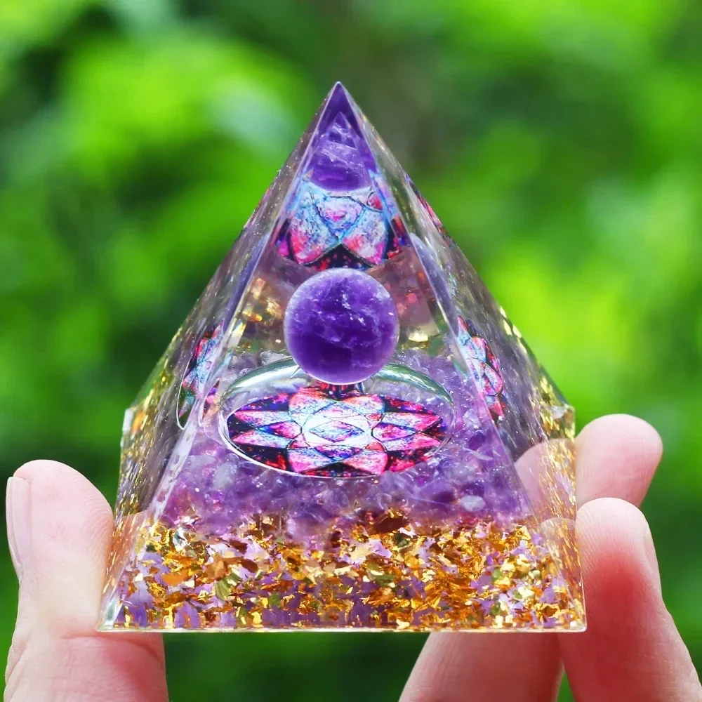 Energy Pyramid Orgonite Reiki Natural Amethyst Peridot Reiki Chakra Meditation Tool Room Decor Crystal Gifts Pyramid 2