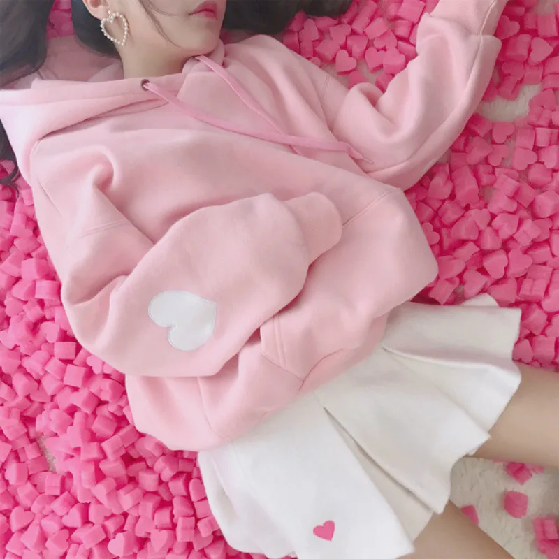 

Kawaii Hoodie Long Sleeve Pullover Loose Sweatshirt Pink White Thicken Warm Hoodies Fall 2023 Women Korean Casual Fashion Tops