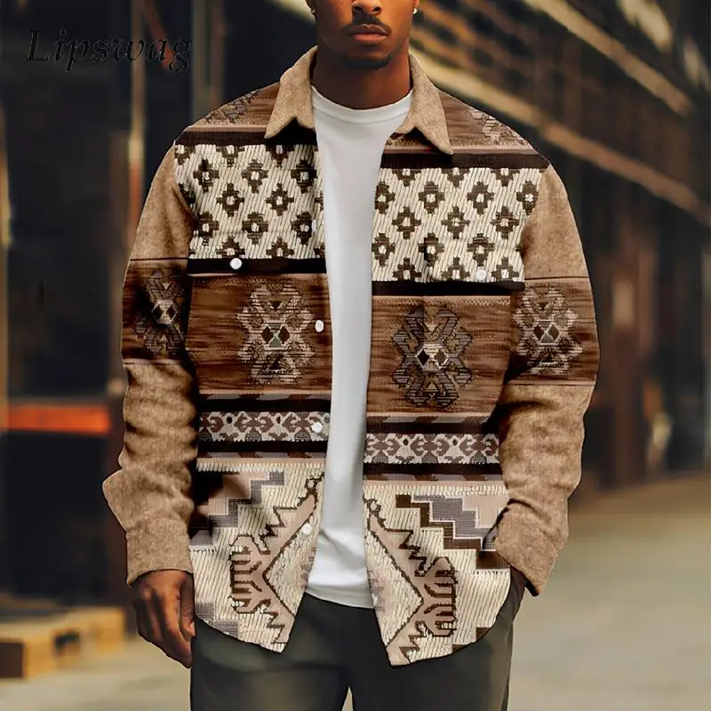 

Autumn Vintage Graphic Print Shirt Jacket Mens Fashion Oversize Cargo Coats For Men Casual Lapel Buttoned Long Sleeve Outerwear