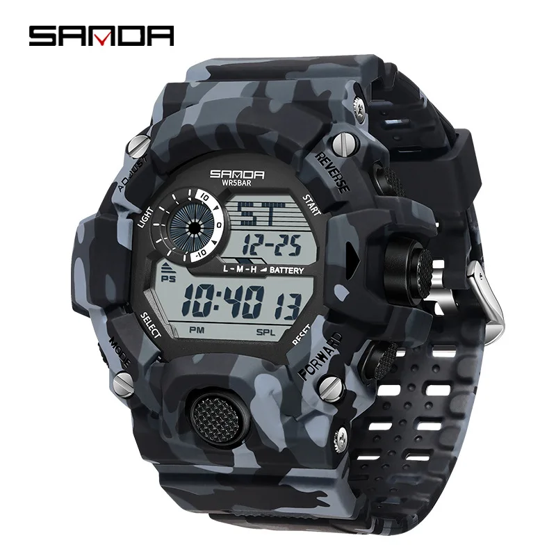 SANDA 2183 Electronic Watch Fashion Military Camo Waterproof Outdoors Sports Digital Display Silicone Strap Wristwatchs for Men 5