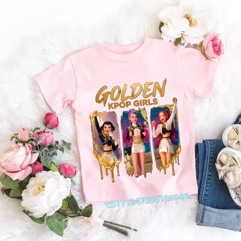 Children's Anime-Inspired Demon Hunters T-Shirt - K-pop Cartoon Pattern, Casual Girls' Top, Gift Option