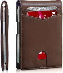 Slim Carbon Fiber RFID - Blocking Minimalist Wallet with Metal Money Clip (Brown)