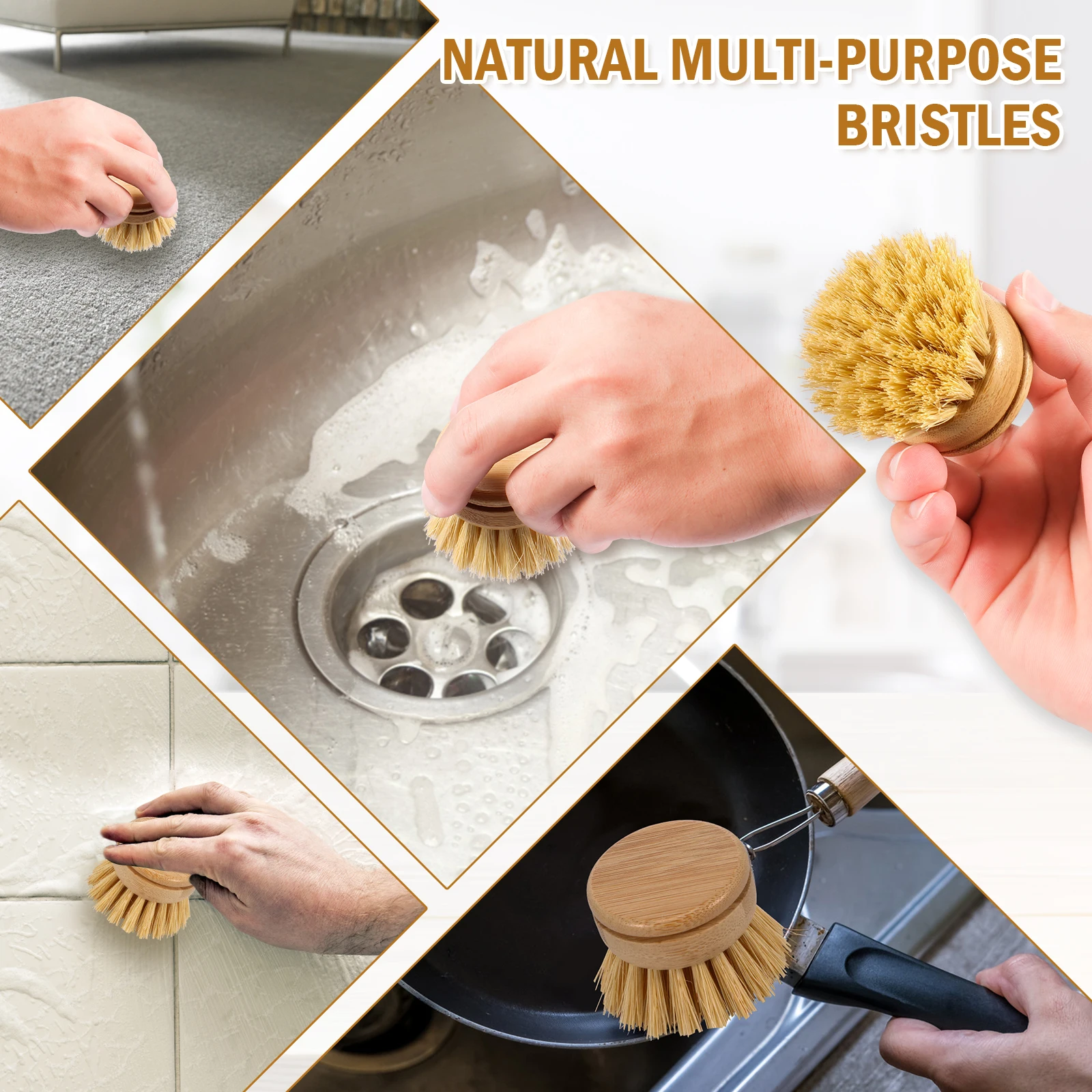 6Pcs Natural Bamboo Dish Brush Head Soft Sisal Bristle Dish Eco-Friendly Washing Up Brush Replacement Heads for Washing Pan/Pot 5