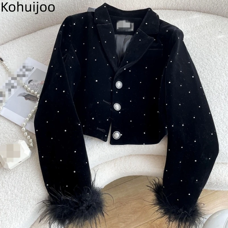 

Kohuijoo Feather Coat Women Autumn Patchwork Long Sleeve Design Formal Short Slim Velvet Blazer Luxury Heavy Rhinestone Jacket