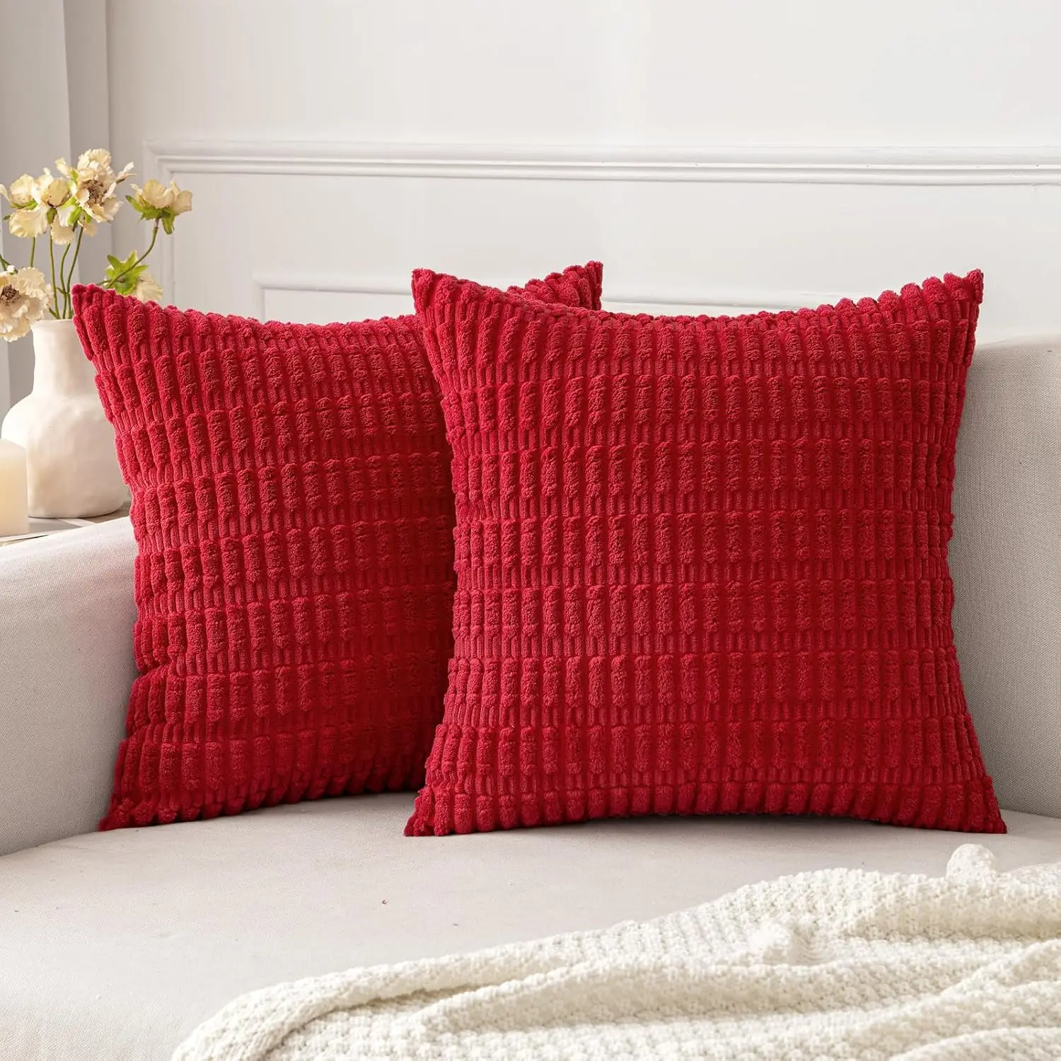 Boho Striped Corduroy Throw Pillow Covers - Soft Farmhouse Decor for Sofa and Bed, 18x18 Inch