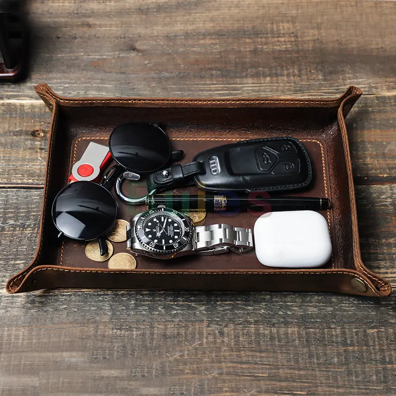 Leather Valet Tray - Checkerboard Reversible Catch-All Tray For Keys, Wallet, Watch, Phone, 9.5x9.5x2 Inches
