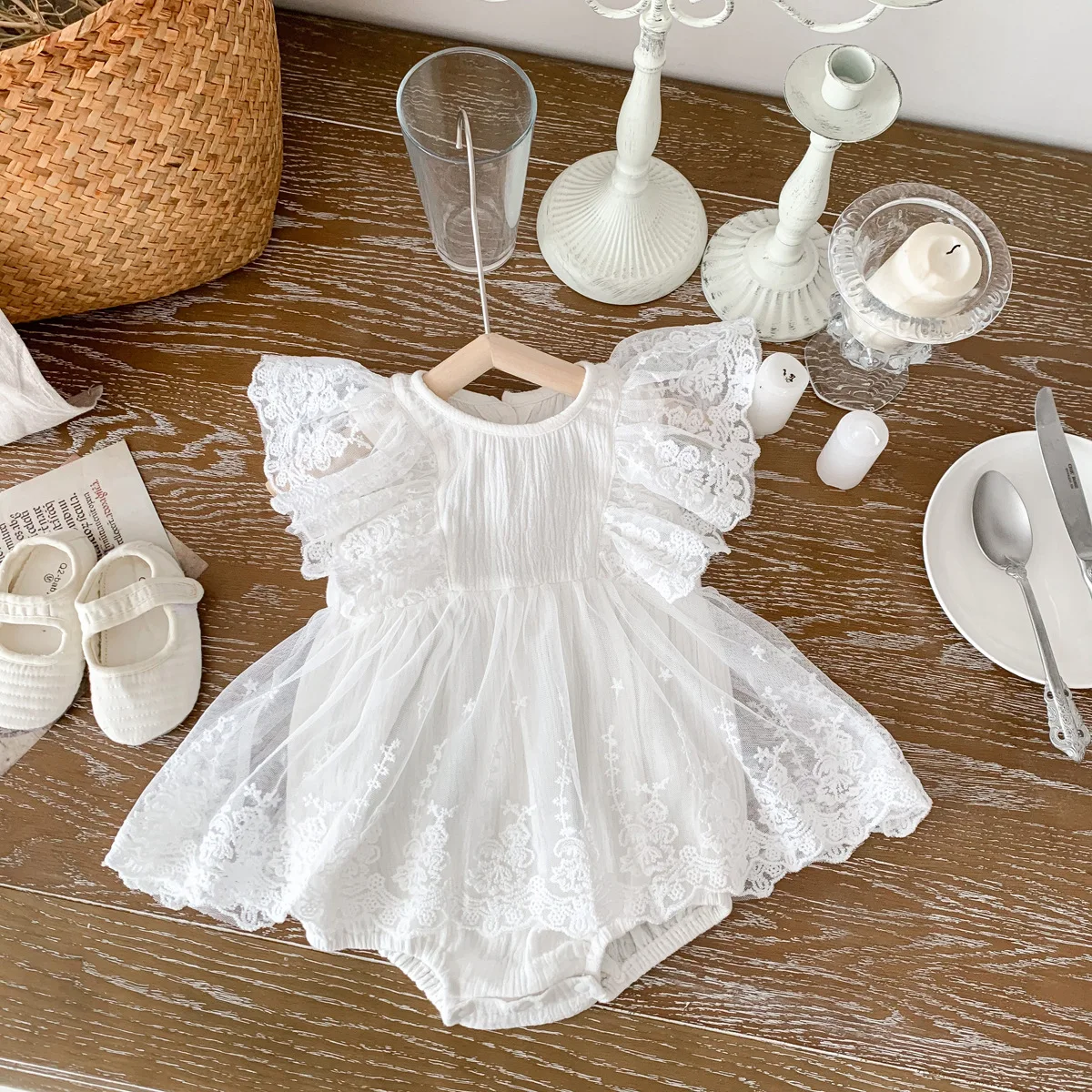 2025 Summer Baby Girls Romper Cotton Lace Ruffle Embroidery Flying Sleeve Mesh Princess Toddler Girl Dress Infant Girls Bodysuit 3