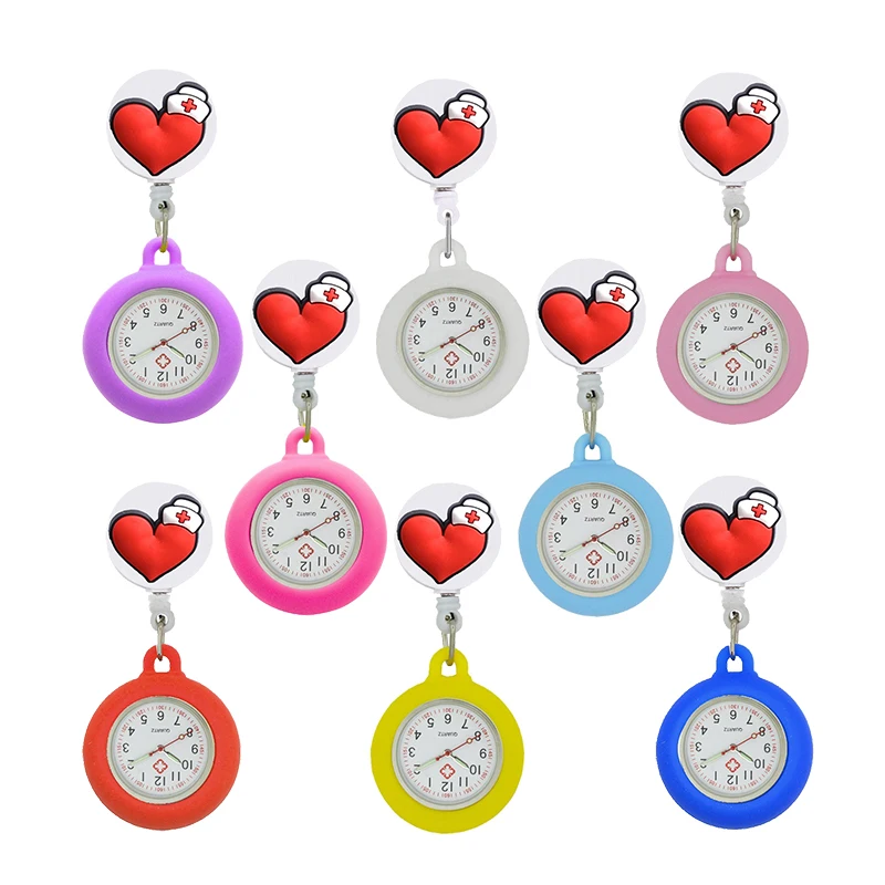 

YiJia Wholesale 10pc Cartoon Red Heart Nurse Pocket Watch Retractable Badge Reel Medical Cute Reloj with Silicone Case