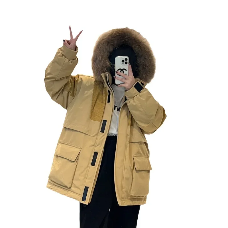 2023 new long women's down jacket thickened warm couple winter tooling style to overcome loose stitching