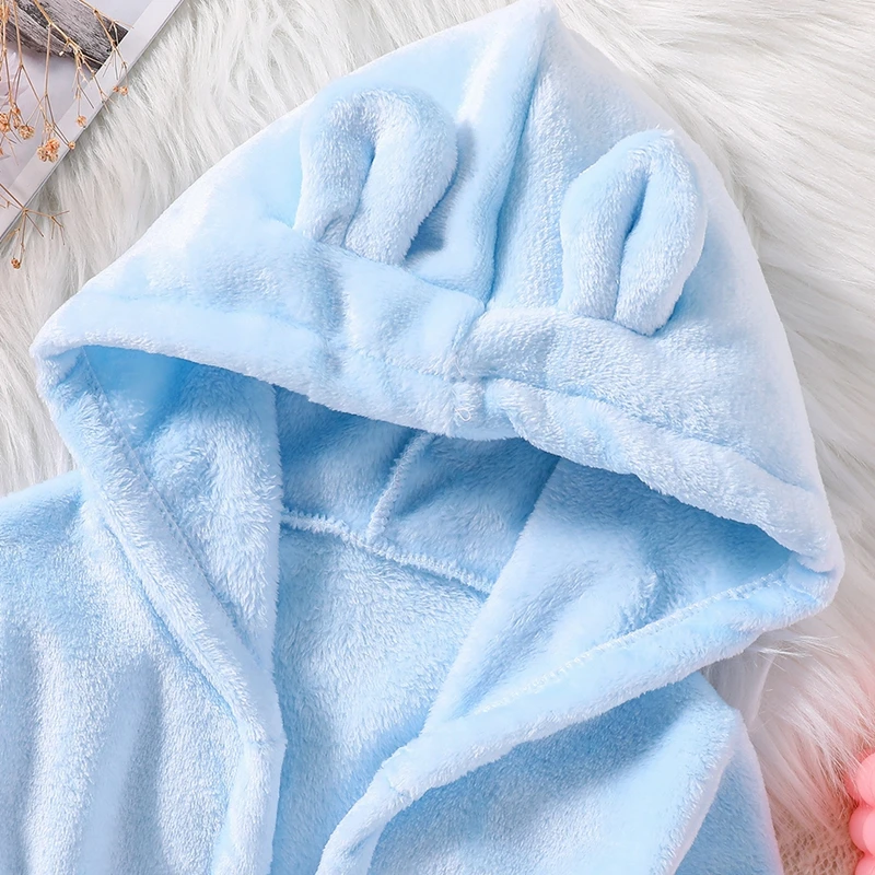 Winter Kids Sleepwear Flannel Warm Hooded Bathrobe Children Solid Color Plush Pajamas Long Sleeve Robe Clothes 2-7Y