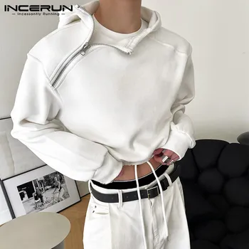 INCERUN 남성용 하이웨이스트 드로코드 후드 캐주얼 스트리트웨어, 올매치 지퍼 스웨트셔츠, S-5XL 상의, 한국 스타일, 2023 신상
