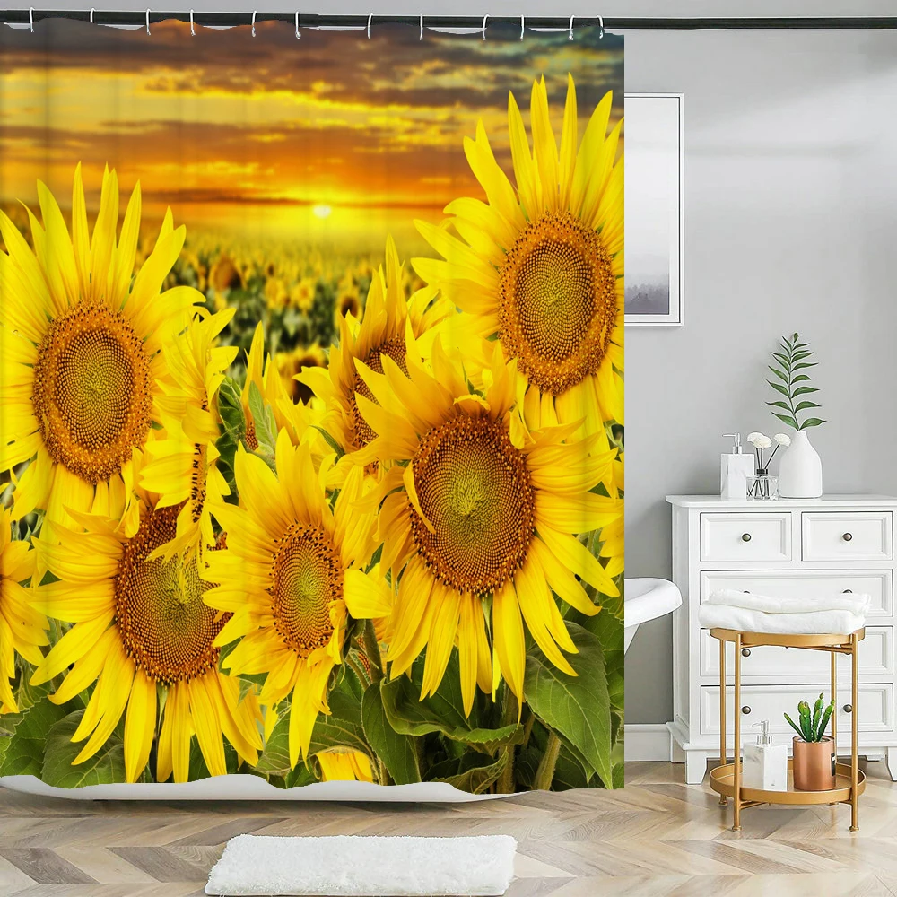 Set Bagno Girasole: Tenda Doccia 180x180cm + Tappeto Antiscivolo + Copriwater + Tappetino U + 12 Ganci – Stampato HD