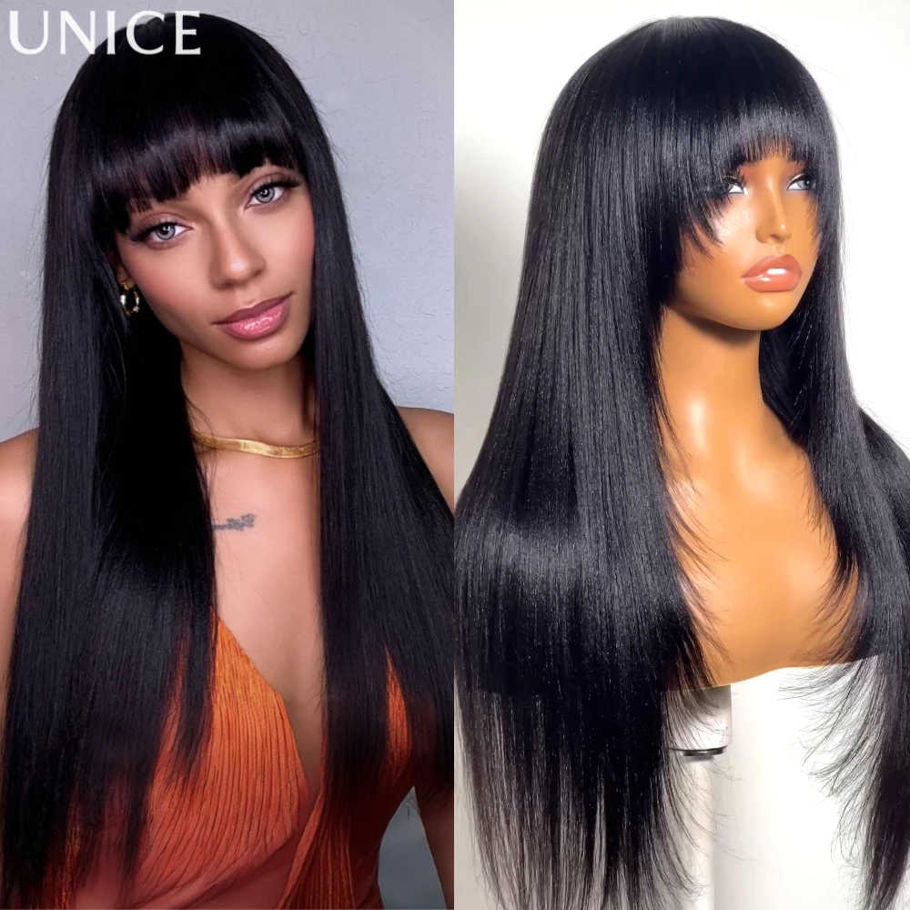 Unice Hair Layered Cut Yaki Straight Wig With Bangs 100% Human Hair Full Machine Made Wig 150% Density