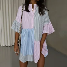 Robe décontractée à rayures et manches courtes pour femmes, impression contrastée, nouvelle collection printemps et été 2022 