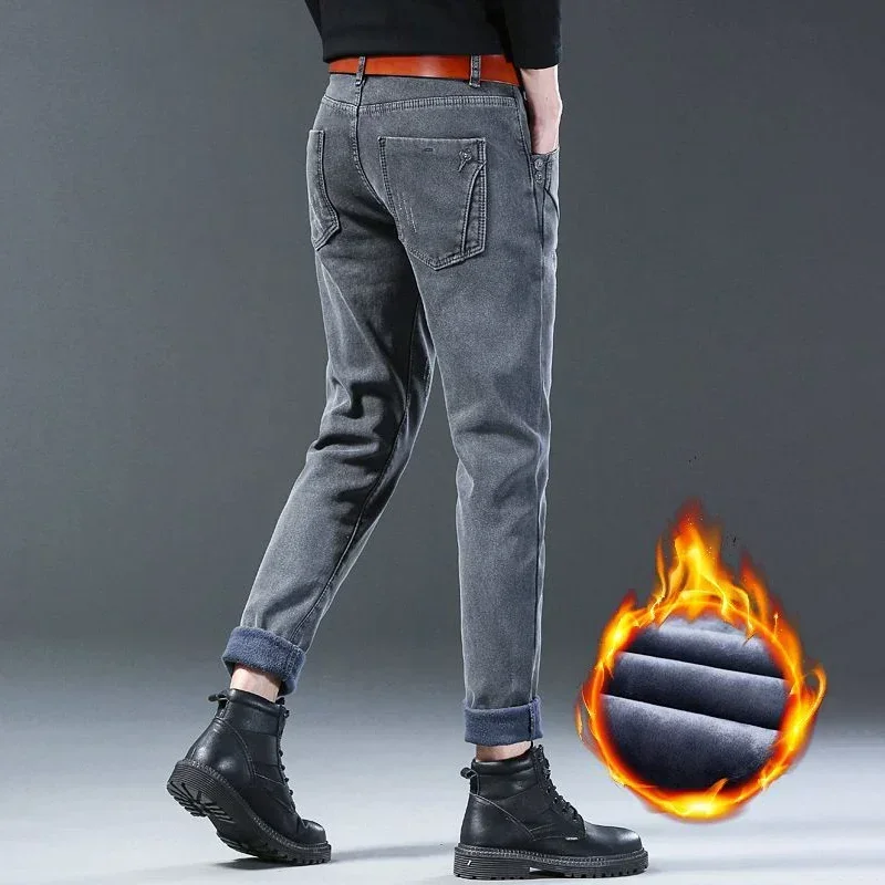 Men Classic Slim Fit Streetwear Jeans Winter Thermal Fashion Narrow Leg Denim Trousers Snow Warm Plush Gray Casual Pants Male 2