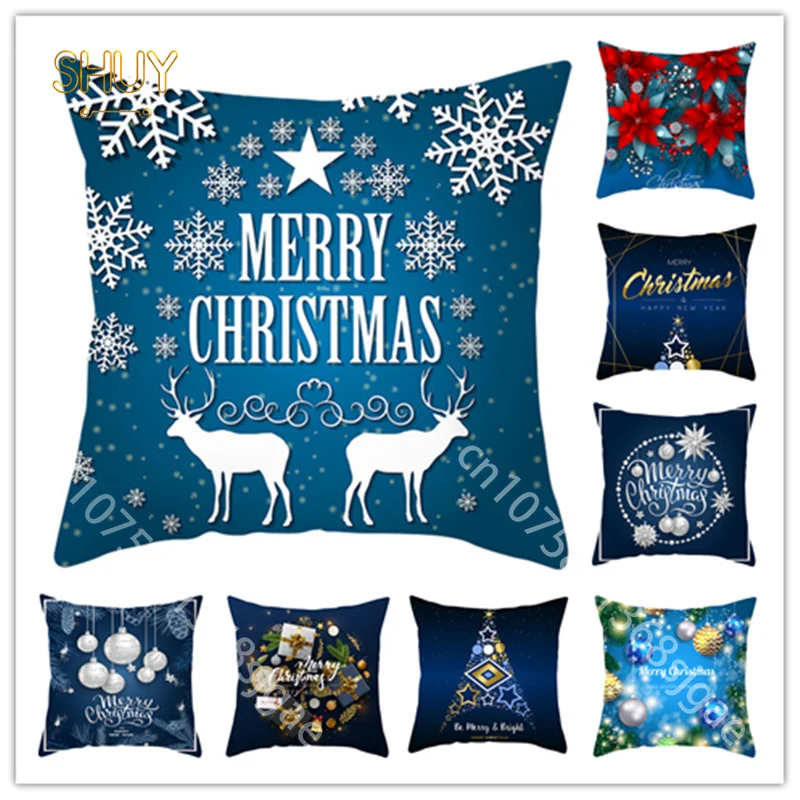 

Blue Christmas Deer Pillow Case Dream Snow Elk Pattern Pillowcase Home Living Room Chair Hotel Bed Decor Square Cushion Cover
