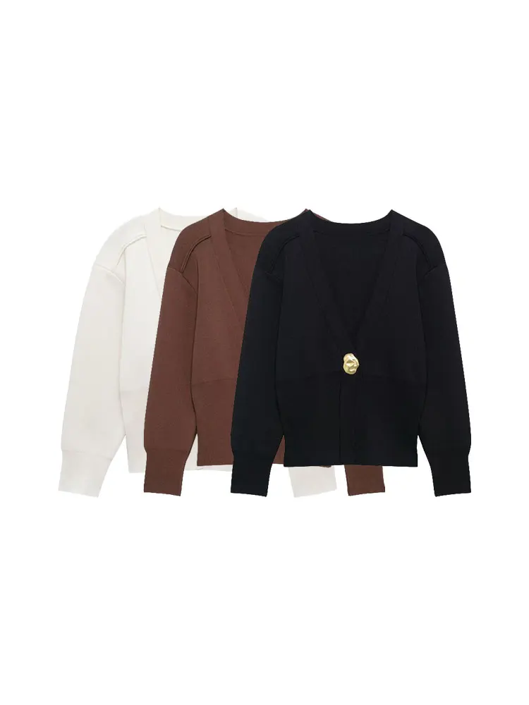 TRZA Women Fashion Front Gold Button Knit Cardigan Sweater V Neck Long Sleeve Female Outerwear Chic Tops