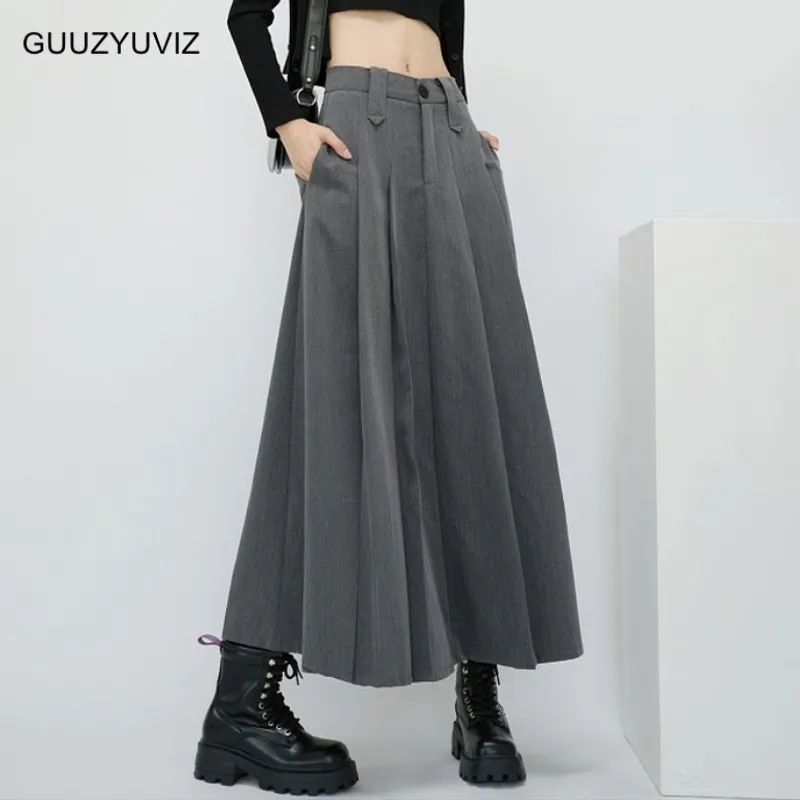 

GUUZYUVIZ Grey Pleated Skirt Women High Waist A-line Autumn Fashionable And Feminine