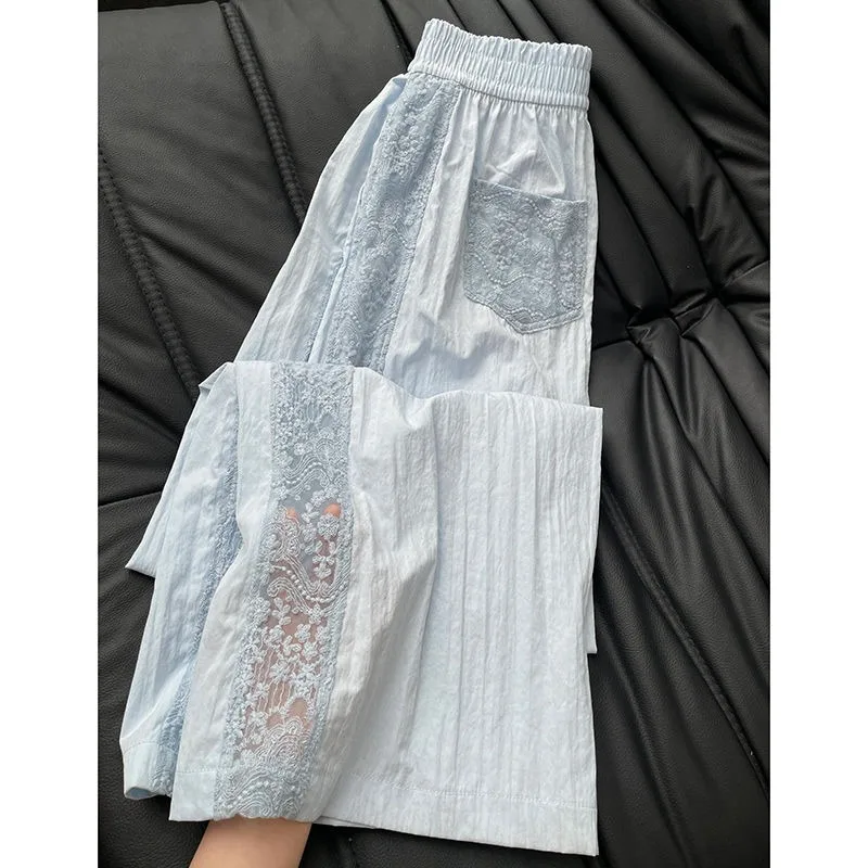 Casual Solid Lace Hollowed Out Loose Mid Waist Harlan Patchwork Bottoms(4 Colors)