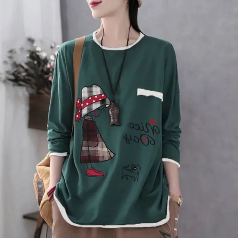 Fashion O-Neck Loose Cartoon Long Sleeve Casual T-Shirt Female Clothing 2023 Autumn New Oversized Tops Korean Tee Shirt