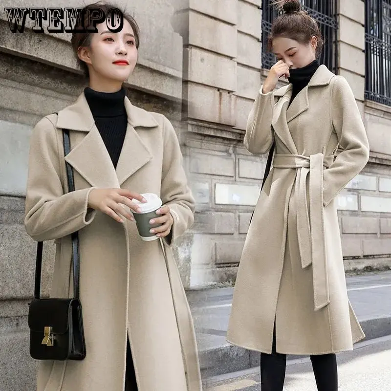 

WTEMPO Elegant Women Turn-down Collar Sash Tie Up Coats Vintage Female Long Sleeve Solid Woolen Coat Casual Loose Long Outwear