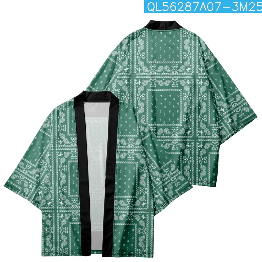 

Yukata Haori Japanese Green Print Kimono Cardigan Men Samurai Beach Shirt Clothing Traditional Kimono
