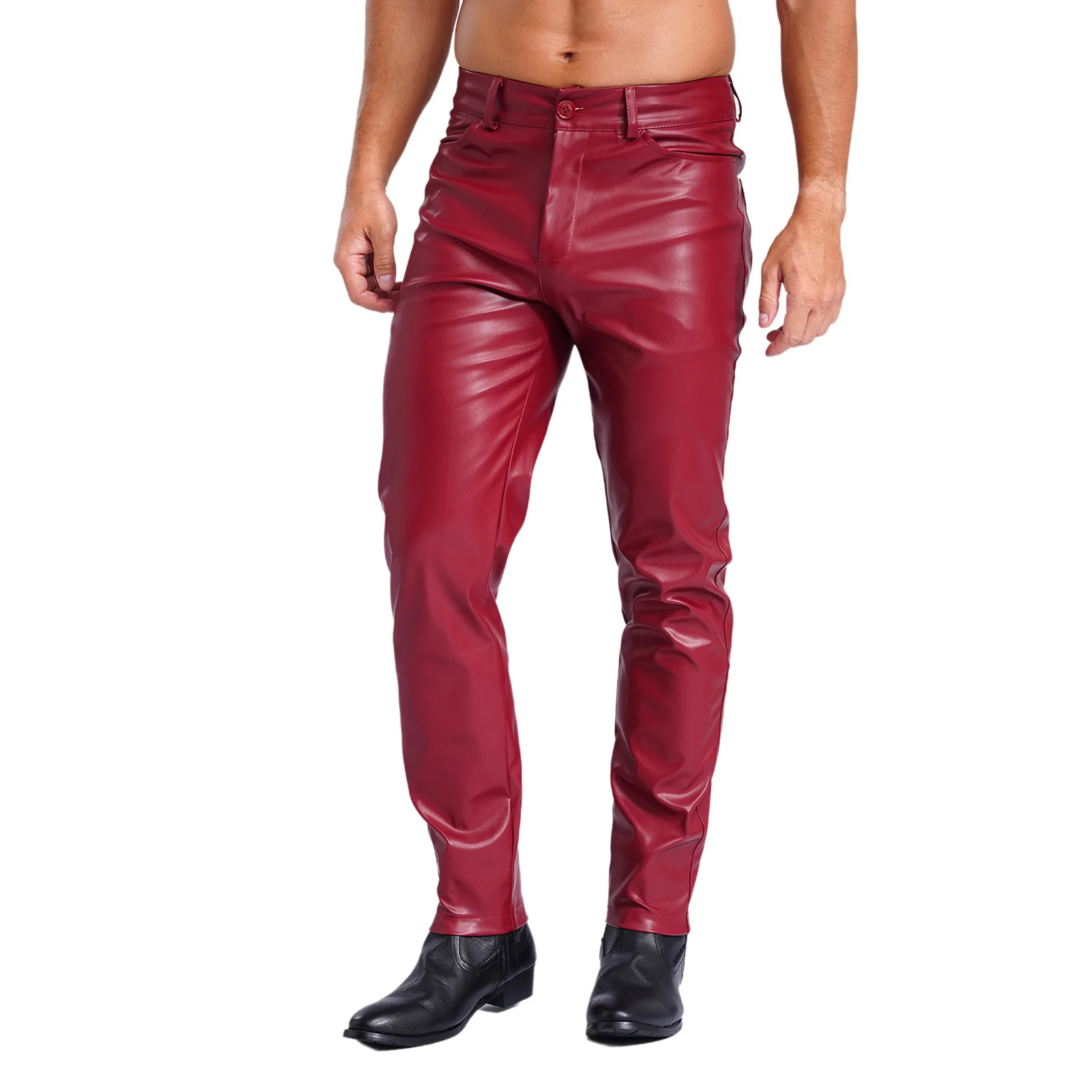 thumbnail image 1 of Pantalones de piel sintética con estilo para hombre, bolsillos, disfraz de Halloween, pantalones rectos con forro suave, mallas, ropa para fiesta de música, 1 of 4