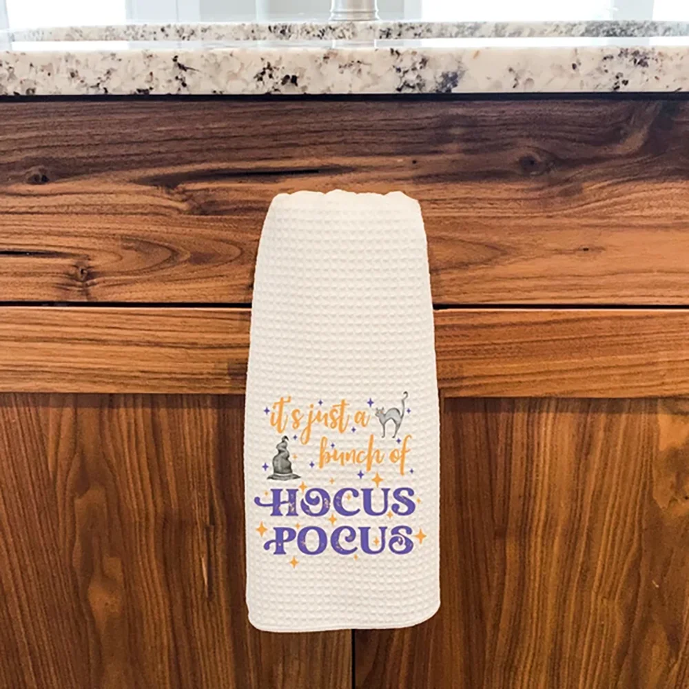 Hocus Pocus Halloween Waffle Tea Towel Fall Farmhouse Hand Dish Towel Fun AirBnb Kitchen Table Decor Housewarming Hostess Gift 4