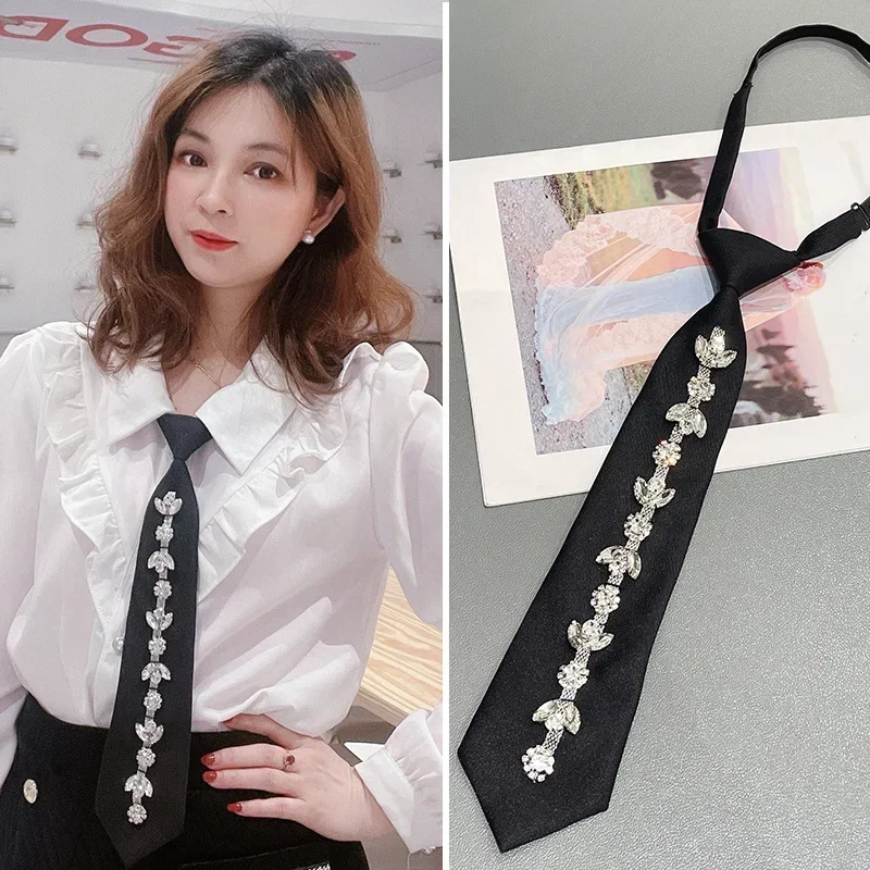 Retro Solid Neck Ties Student White Shirts Women Crystal Rhinestones Bow Ties Casual Trendy Wedding Party Necktie Clip On Tie Bow Tie Woven Necktie Necktie Set