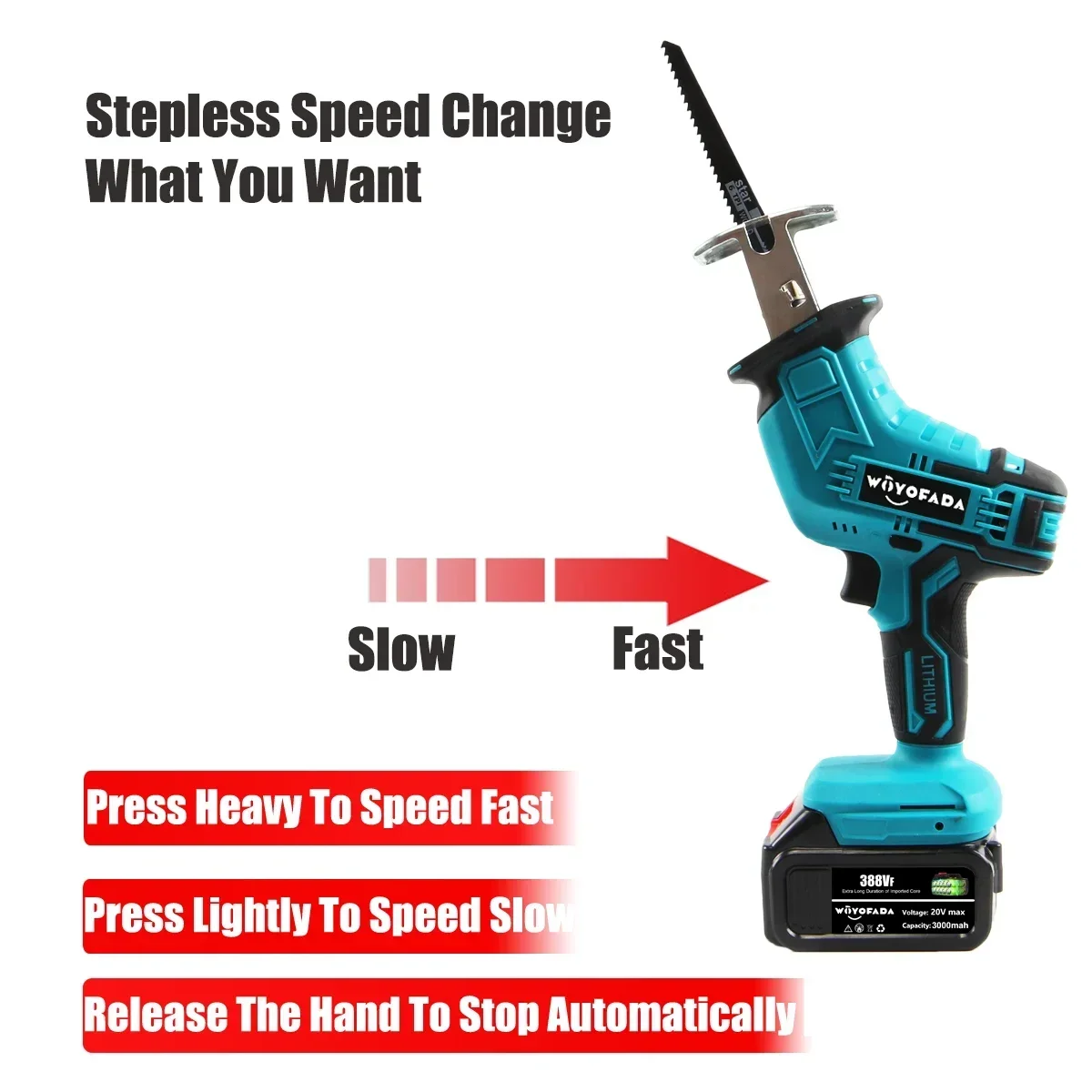 Cordless Reciprocating Saw 18V Adjustable Speed Chainsaw Wood Metal PVC Pipe Cutting Reciprocating Saw Power Tool By WOYOFADA 3