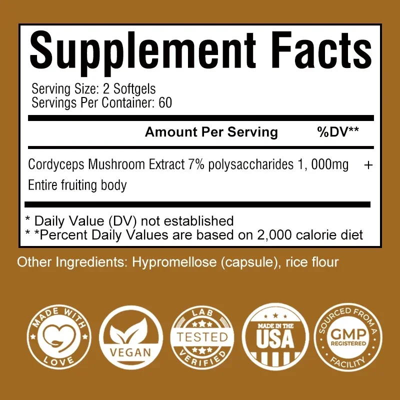 Cordyceps Capsules 1000mg-Helps with Energy, Natural Endurance, Immune & Cardiovascular Health