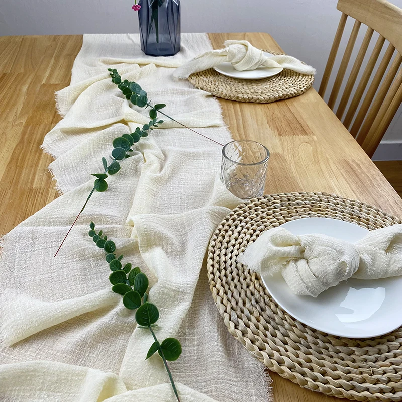 

2pcs Ivory 100% Cotton Table Runner Handmade Cheesecloth Fabric Raw Fringed Gauze Wedding Decoration Christmas Party Supplies