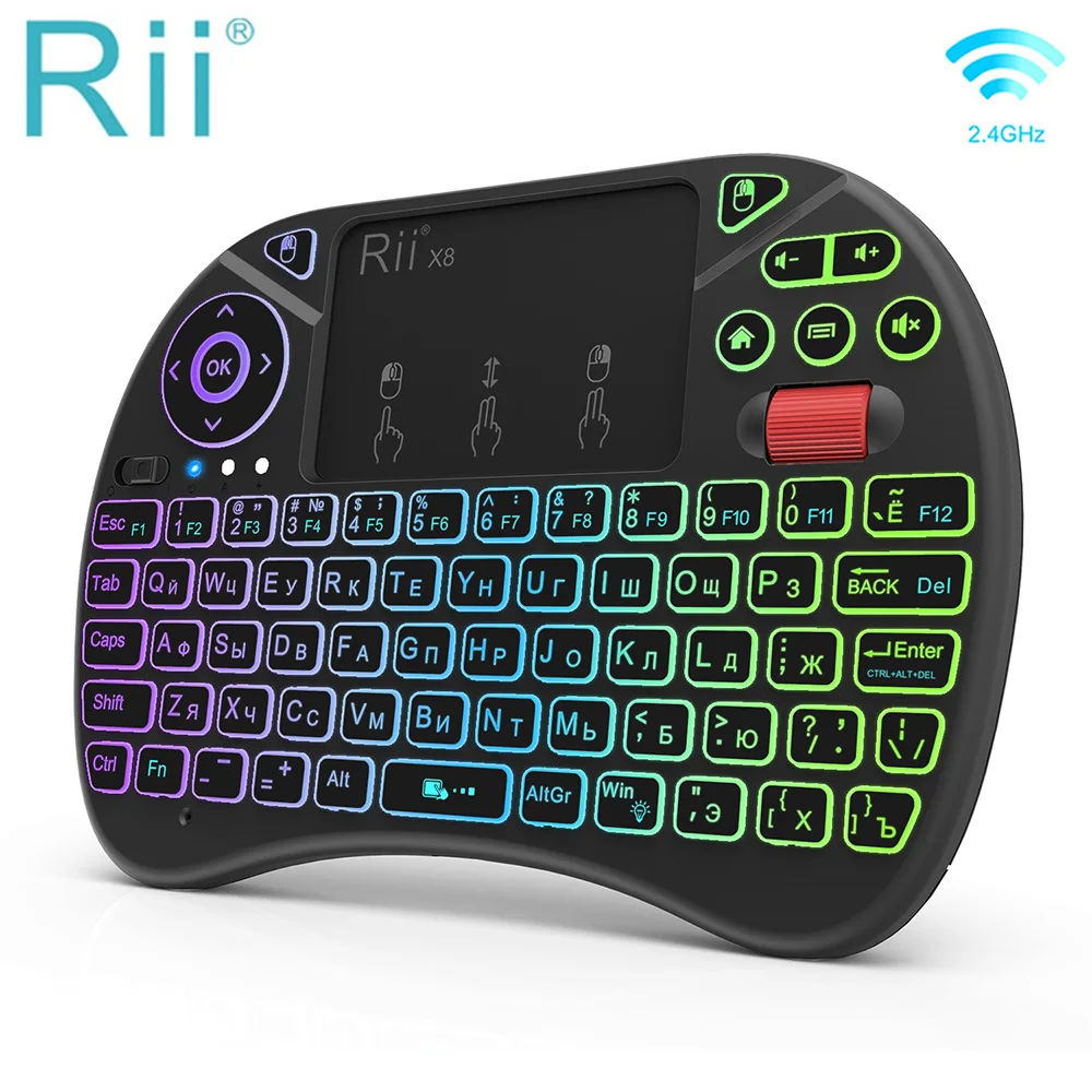 Rii x8 Backlit Mini Teclado sem Fio Inglês Russo Português 2.4g ar Mouse Touchpad Remoto para Android Caixa de tv pc - Imagem 6