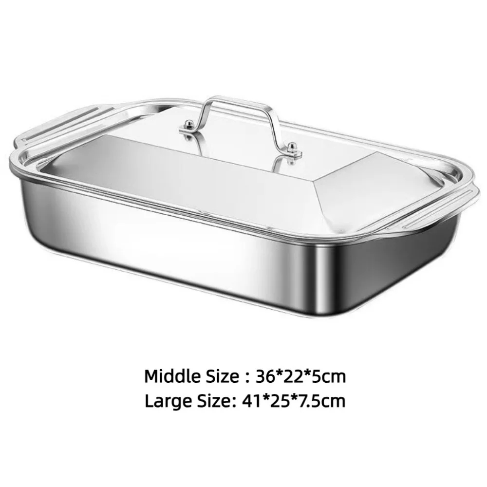 Stainless Steel Grilled Fish Pan with Lid Rectangular Roaster Pan Non-Stick Easy To Clean Oven BBQ Plate Gas Induction Cooker