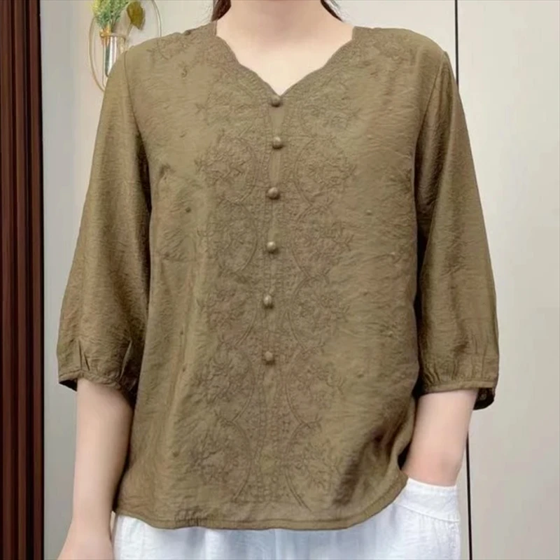 Women's Spring and Summer Fashion Versatile New V-neck Solid Color Embroidered Button Style Retro Mid Sleeved Loose Shirt Tops