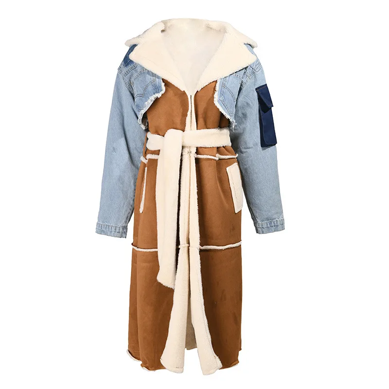 

Plus velvet denim stitching coat winter lamb wool inside bold lapels long thick cotton-padded jacket